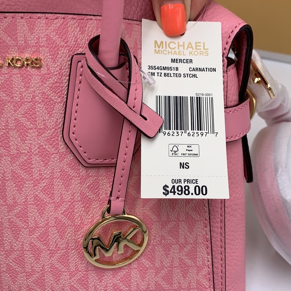 MICHAEL KORS Mercer Sm TZip Logo Leather Belted Satchel Crossbody Carnation - Picture 16 of 16